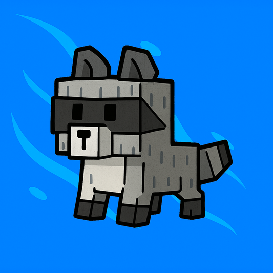 Digital illustration of a pixel art raccoon with a striped tail and dark eye mask against a bright blue background with stylized brush strokes